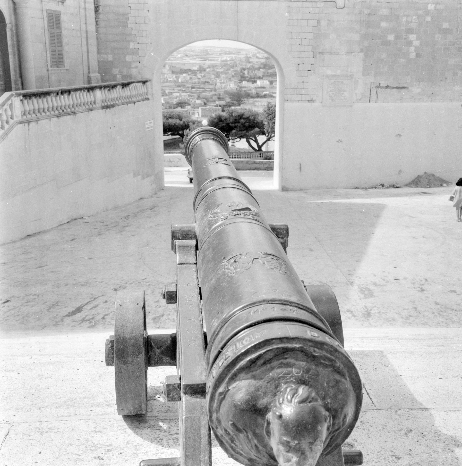 The cannon perched atop the stairs within the Citadel in Victoria, captured by Emmanuel Borg from Kalkara in the 1960s. Courtesy of John Borg.