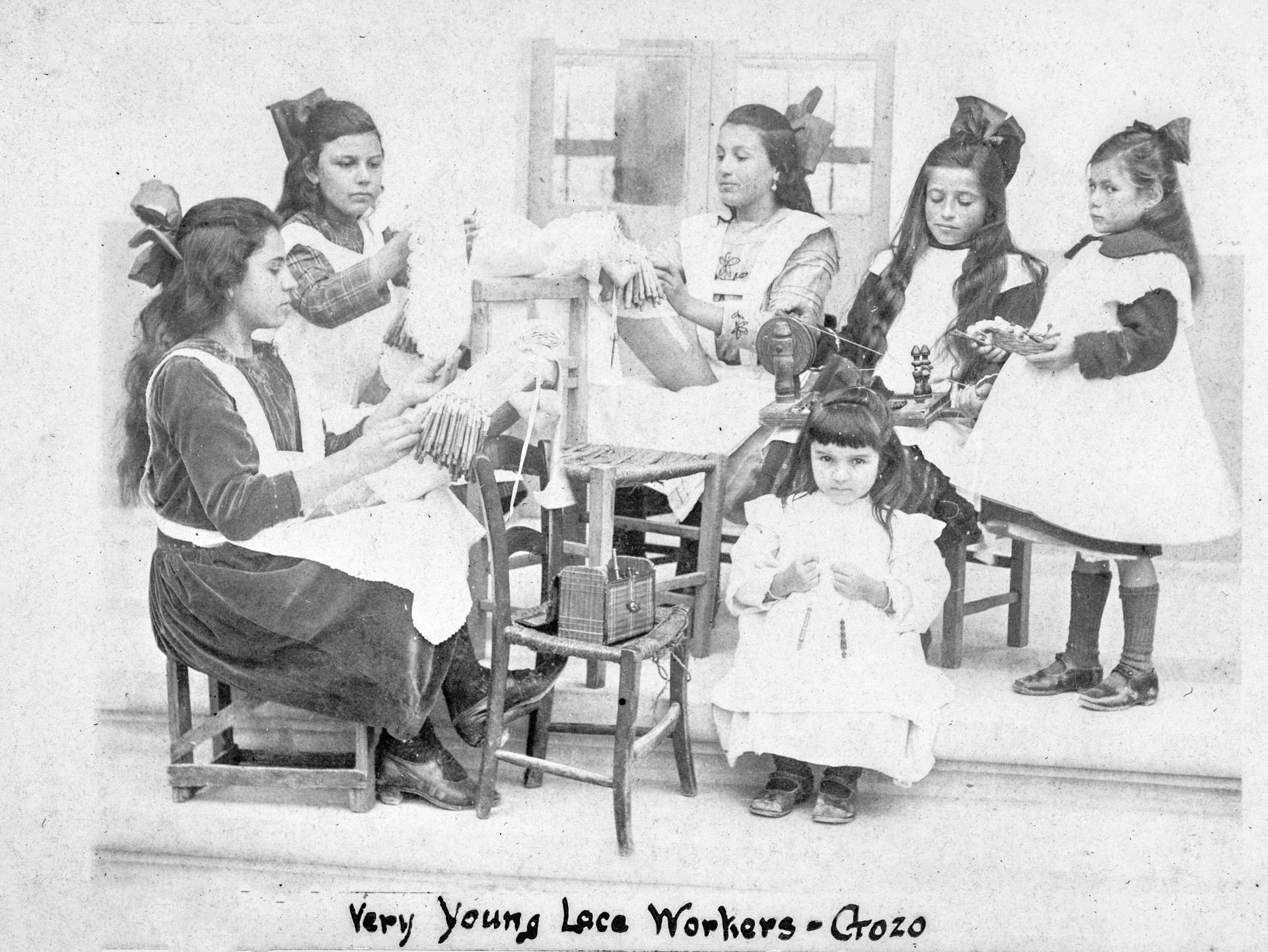 A group of young lace workers learning their trade in Xaghra.