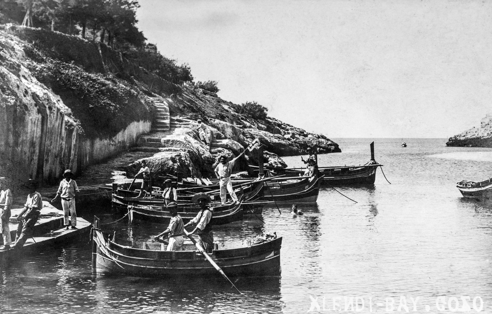Boats moored within Xlendi Bay, attributed to Giuseppe Cremona, circa 1925. Courtesy of John Cremona.