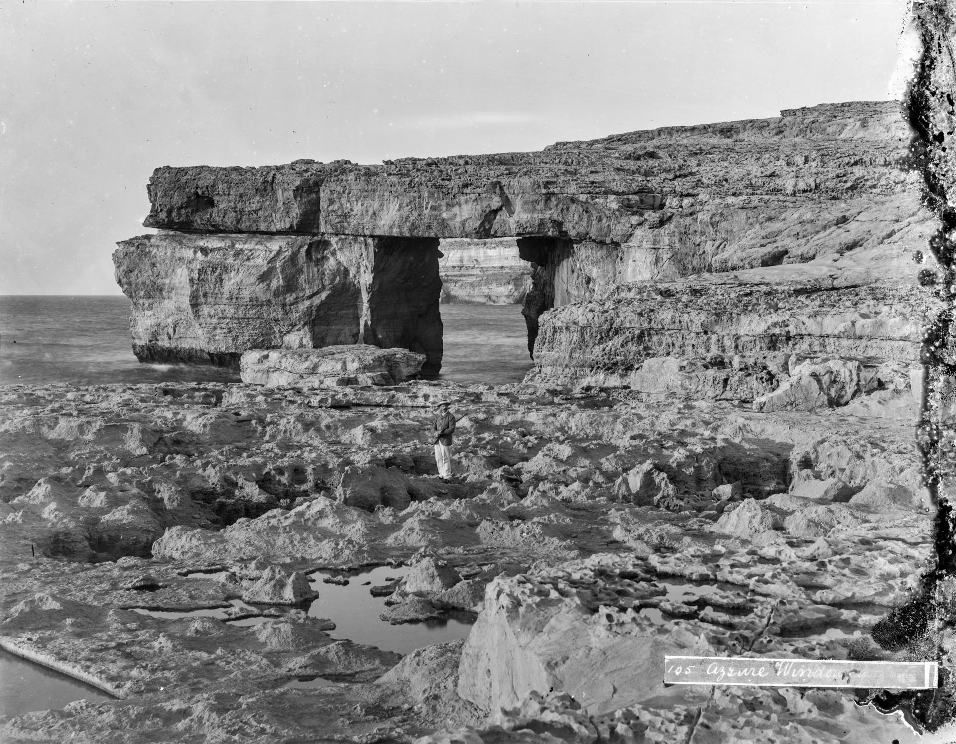 The earliest documented image of the now collapsed Azure Window in Dwejra, circa 1881, captured by Richard Ellis.