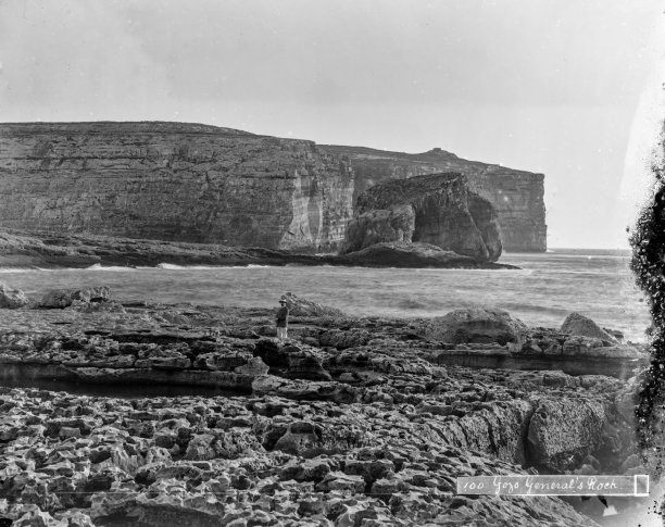 The earliest documented image of Fungus Rock in Dwejra, circa 1881, captured by Richard Ellis.